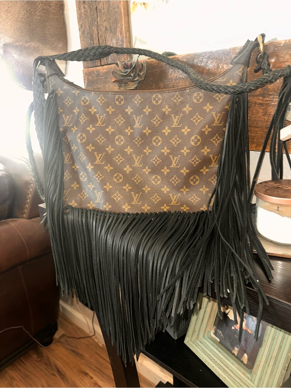 Louis Vuitton Brown Monogram Revamp with Black Fringe Crossbody Bag Vintage Boho - Picture 4 of 12